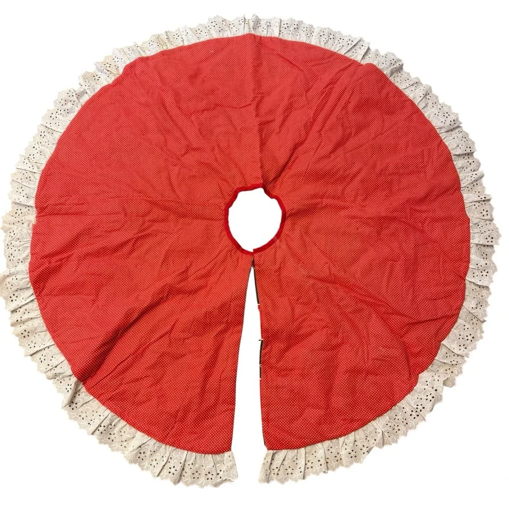 Vintage Christmas Tree Skirt Quilted Round Ruffle Reversible Country Patchwork